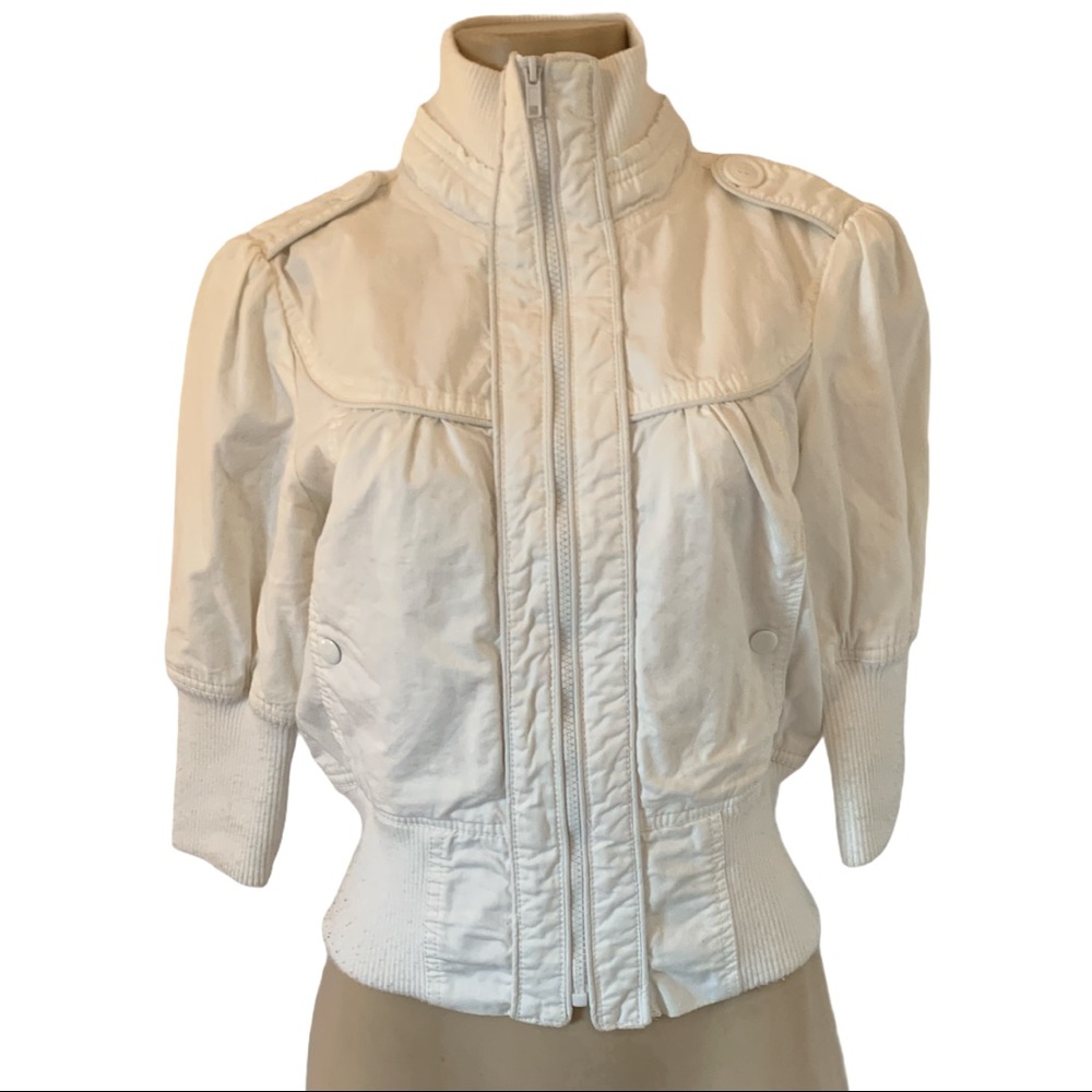 XXI Petite Retro Military Y2K Cinched Waist White Puff Sleeve Crop Bomber Jacket